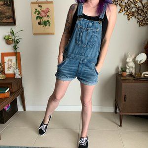 Like New Condition Blue Medium Wash Denim Shortalls | American Eagle Outfitters
